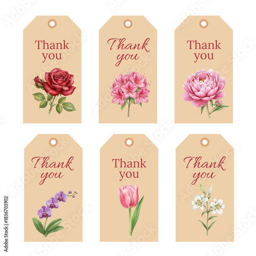Watercolor Thank You Gift Tags with Elegant Flower Blooms