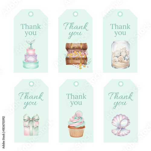Watercolor Thank You Gift Tags with Sea Shells and Pearl