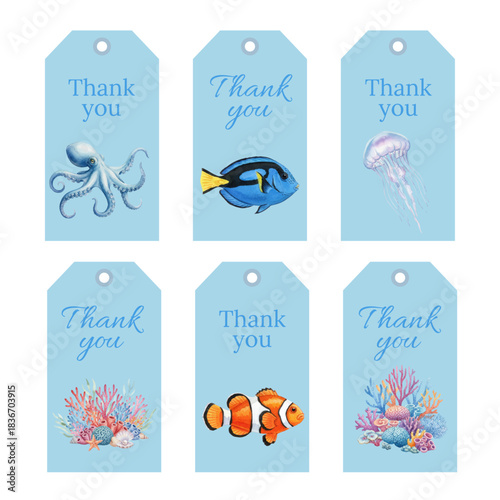 Watercolor Thank You Gift Tags with Sea Life Creatures
