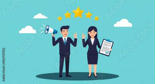 Professional business people celebrating success and high customer satisfaction with a five-star rating, signifying excellent service and quality