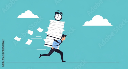 Man Under Pressure Overwhelmed by Excessive Paperwork and Impending Deadlines, Rushing Against Time in a Stressful Work Environment