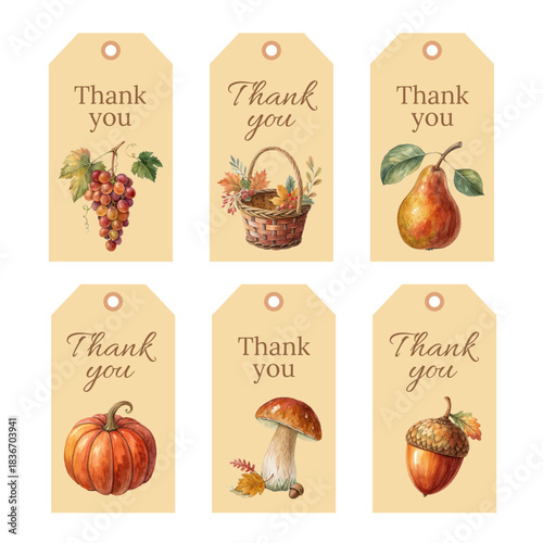 Watercolor Thank You Gift Tags with Autumn Harvest Elements