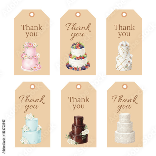 Watercolor Thank You Gift Tags with Wedding and Celebration Cakes