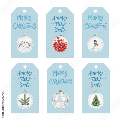 Watercolor Merry Christmas and Happy New Year Gift Tags