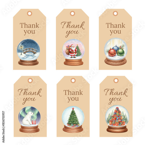 Watercolor Thank You Gift Tags with Snow Globe Scenes