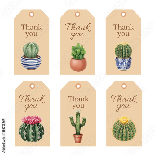 Watercolor Thank You Gift Tags with Green Cactus Plants