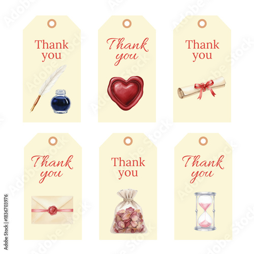 Watercolor Thank You Tags Set with Vintage Writing and Seal Elements