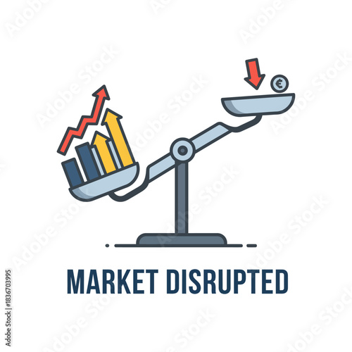 market disrupted balance scale with rising charts  falling coin symbolizing business instability  financial market trends for investment reports