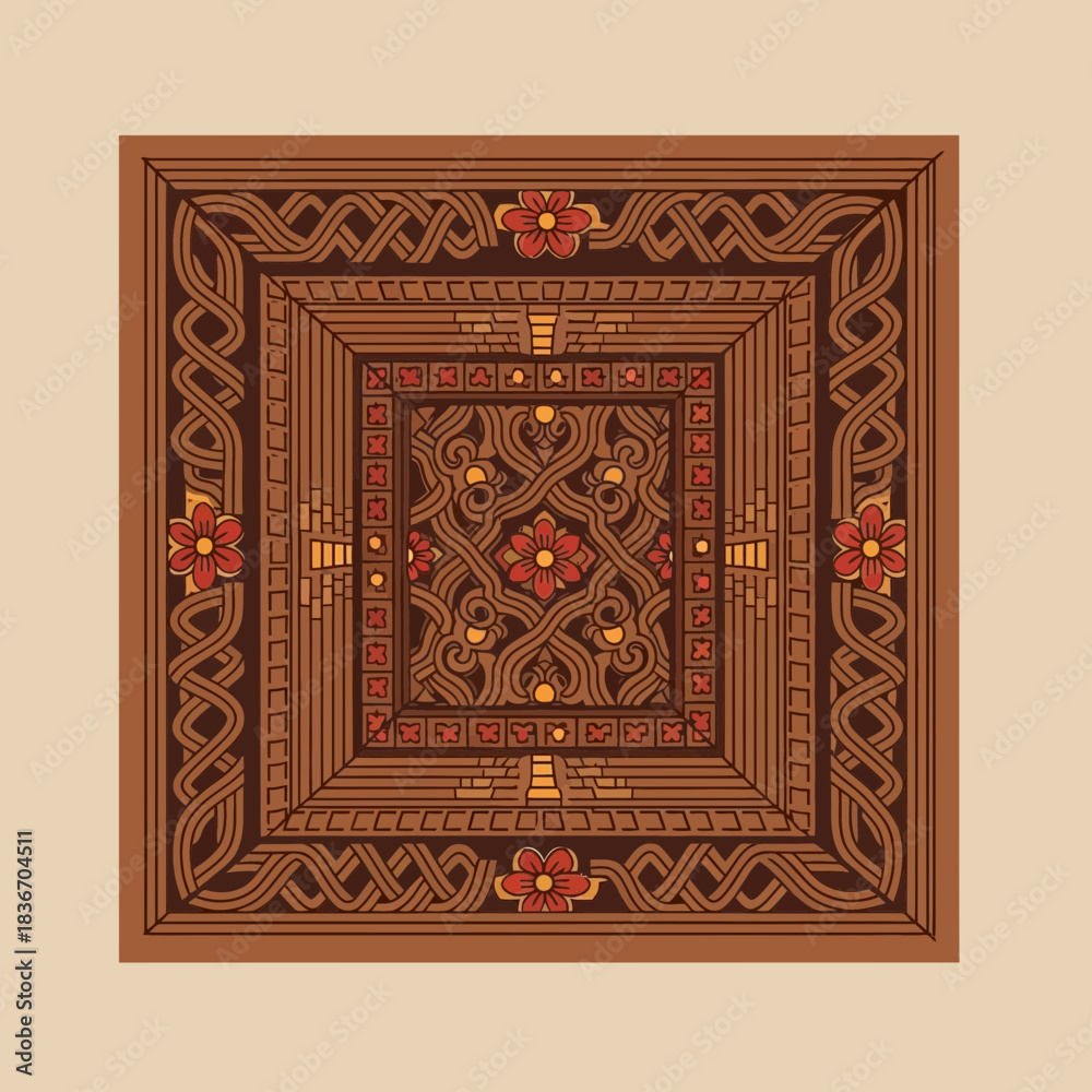 Obraz premium Ornamental floral and geometric design with square frame in earthy brown hues