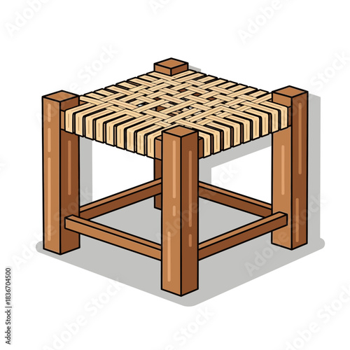 Isometric illustration of a wooden stool with woven seat design on white background