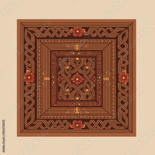 Ornamental floral and geometric design with square frame in earthy brown hues