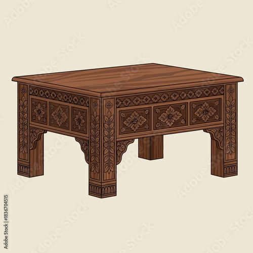 Ornate Carved Wooden Table with Intricate Floral and Leaf Designs