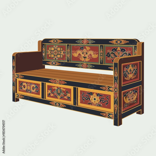 Ornate Traditional Bhutanese Sofa with Symbolic Floral and Dragon Motifs