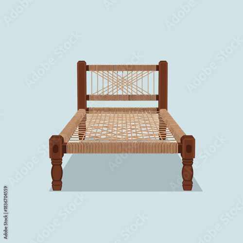 Traditional Woven Bed Illustration with Wood Frame and Beige Background
