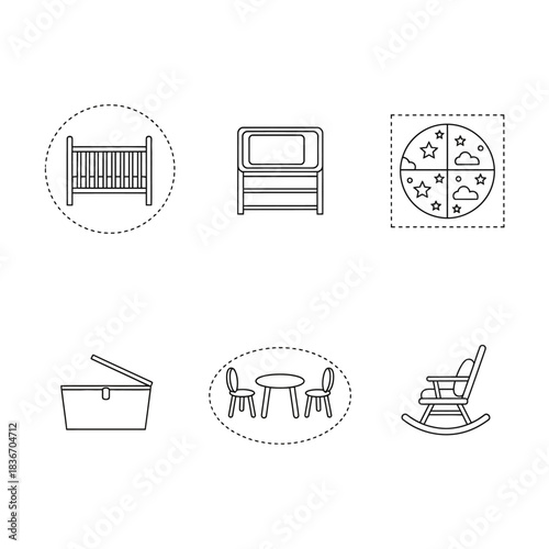 nursery furniture icons presenting childcare and interior design illustrating comfort and safety for baby rooms perfect for parenting blogs