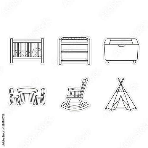 nursery furniture line art icons of a crib changing table toy chest table chair rocker and teepee illustrating baby room design and child development