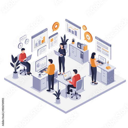 Isometric 3D Vector Office Scene With People Working On Computers Analyzing Data Charts And Graphs With Futuristic Technology And Modern Office Furniture