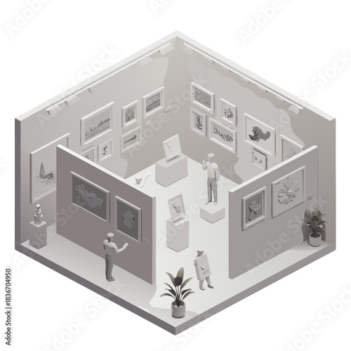 Isometric Art Gallery Exhibition With Gray Walls White Pedestals And Various Paintings On Display With Small Potted Plants And Stylized People Observing The Art In Dim Lighting