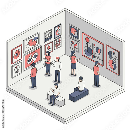 Isometric Art Gallery Exhibition With Diverse Visitors Admiring Colorful Abstract Paintings On White Walls With Soft Ambient Lighting And Geometric Wall Displays
