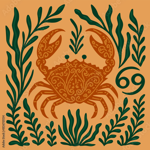 Cancer zodiac animal and symbol in boho style, decorated with seeweed on soft earthy background