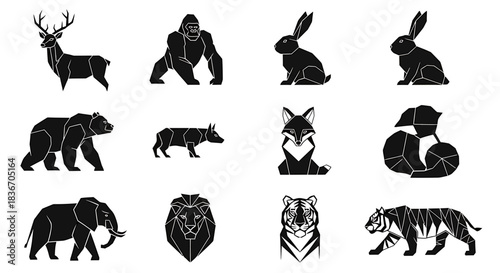 Silhouettes of Wild Animals Including Deer, Gorilla, Rabbit, Bear, Fox, Snake, Elephant, Lion, Tiger in Black on White Background, Vector Illustration