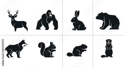 Silhouettes of Deer, Gorilla, Rabbit, Bear, Wolf, Squirrel, Beaver, and Meerkat Animals in Black and White Minimalist Graphic Design
