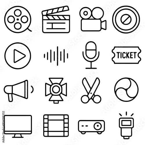 Cinema Essentials: An assortment of iconic film-making tools come together in a dynamic and engaging visual representation of movie production, offering a sneak peek into the world of cinema.