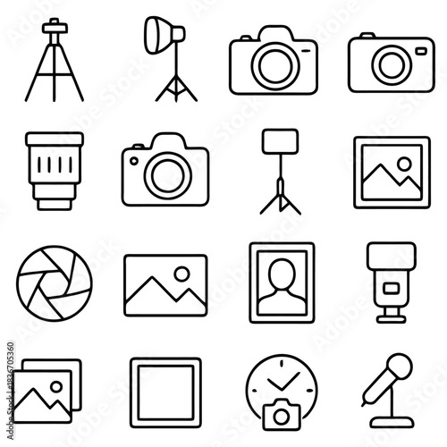 Photography Gear Collection: A minimalist arrangement of photography tools, with line art of equipment and accessories for capturing images. Featuring camera, lenses, tripods, studio light, and more.