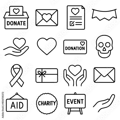 Giving heart: A compilation of essential icons, elegantly illustrating charitable activities, support initiatives, and vital social endeavors. 