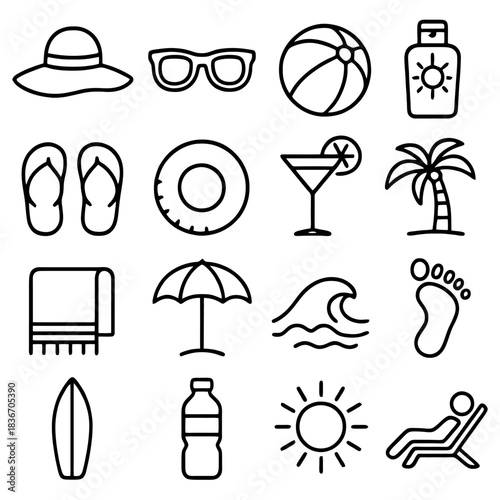 Summer Essentials: A delightful compilation of beach-themed icons, featuring a sun hat, sunglasses, beach ball, sunscreen, flip-flops, swimming ring, cocktail, palm tree, beach towel, beach umbrella.