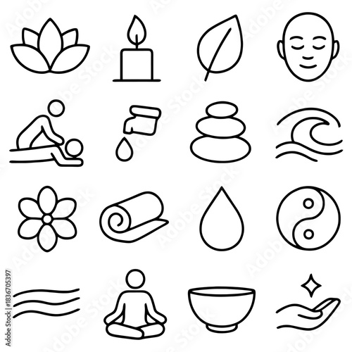 Tranquility in Line: An array of simple, elegant line drawings evoking a sense of calm and well-being. The illustrations depict elements related to wellness and relaxation.