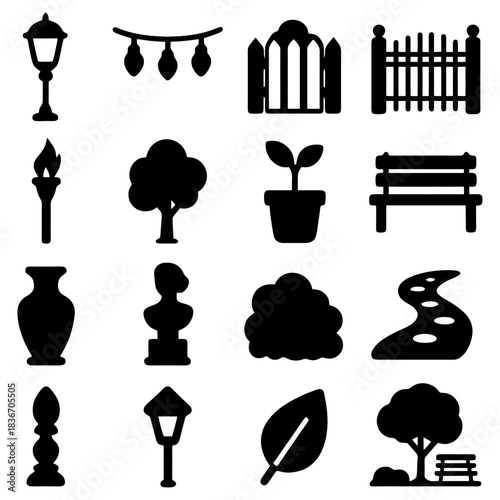 Garden Elements Icon Set: a set of minimalistic vector illustrations of various elements commonly found in a garden, ideal for design project or web application