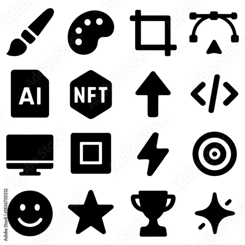 Creative Icon Set: A comprehensive collection of meticulously crafted icons, each a symbol of creativity and digital innovation. Showcasing design tools, artistic elements, and digital assets.