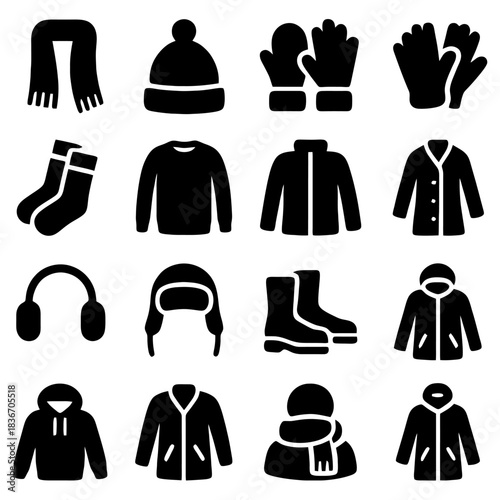 Winter Essentials: An illustrative array of winter wear icons, showcasing the essential elements for embracing the cold season in cozy style.