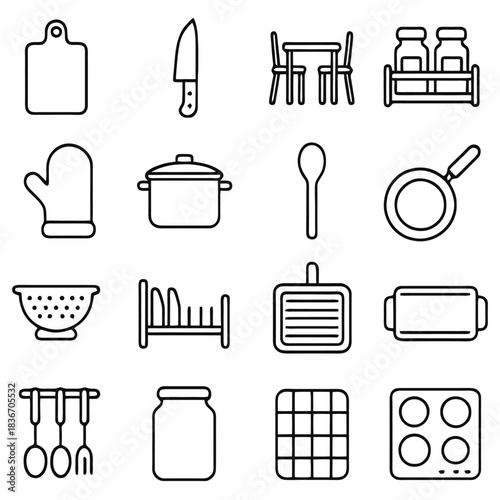 Kitchen Essentials: A meticulously crafted collection of kitchen icons, providing an overview of essential culinary tools, symbolizing the art of cooking and the joy of preparing meals.