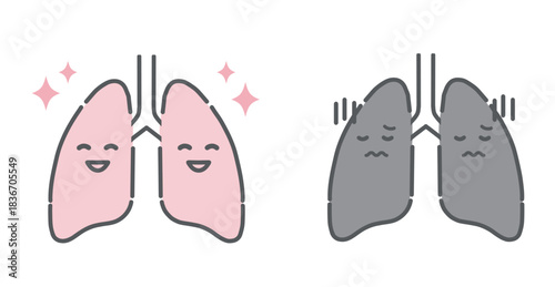 健康な肺と不調な肺の比較イラスト（キャラクター・呼吸器疾患）