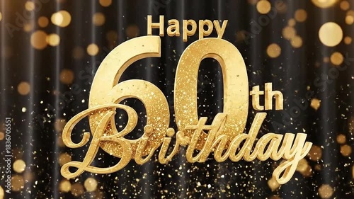 Golden happy 60th birthday celebration design with sparkling confetti and elegant black background