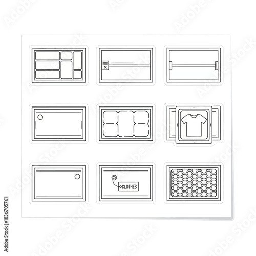 organizing boxes icons set depicting neatly arranged containers for clothes and household items ideal for home organization themes and decluttering projects