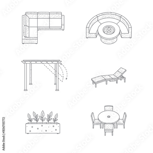 Outdoor furniture plan sectional sofa fire pit pergola and sun lounger ideal for illustrating backyard design and outdoor living concepts.