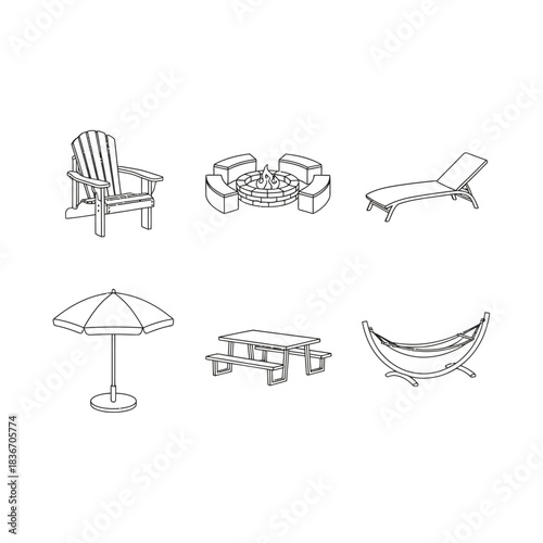 outdoor furniture set adirondack chair fire pit chaise lounge picnic table umbrella and hammock for backyard relaxation and summer leisure activities