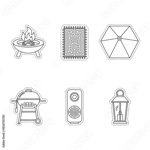 outdoor gathering icons featuring a bonfire rug patio umbrella grill speaker and lantern for summer festivities and backyard enjoyment