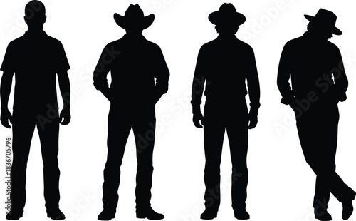 Set of Male Silhouettes, Cowboy, Rancher, Man in Hat, Standing Full Length Figures, Black and White Vector Illustration Content