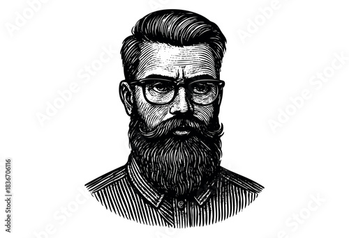 A Black and White Vintage Style Portrait of a Man With a Beard and Glasses — Stock Illustration.