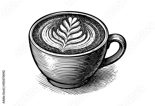 A Detailed Etching of a Coffee Cup With Latte Art Showcasing a Leaf Design — Stock Illustration.