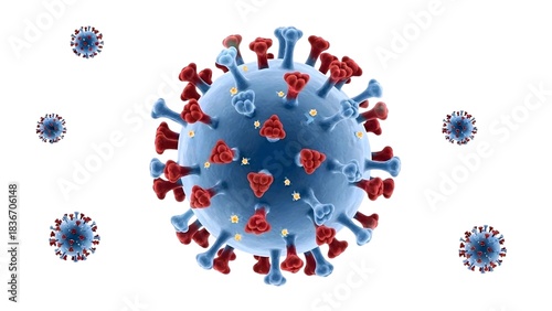 Scientific 3D illustration of the COVID-19 virus, a microscopic view of the SARS-CoV-2 pathogen causing the global pandemic