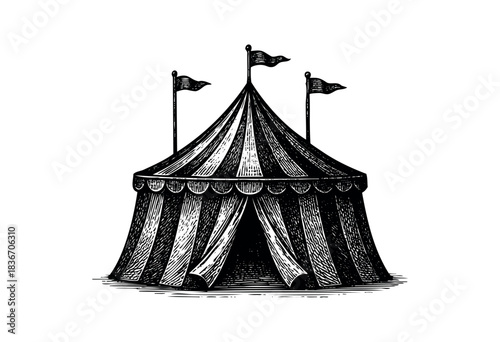 A Detailed, Engraved-Style Circus Tent With Flags and Striped Pattern Is Isolated on White — Stock Illustration.