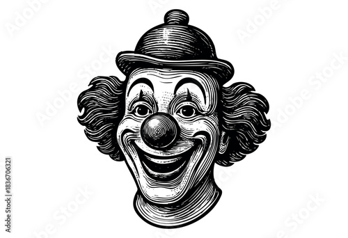 A Black and White Woodcut Illustration of a Happy Clown Face With a Round Nose and Hat — Stock Illustration.