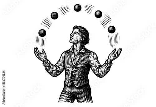 A Skilled Juggler Masterfully Balances Multiple Balls in a Dynamic Display of Coordination and Precision, Depicted in a Vintage Woodcut Style — Stock Illustration.