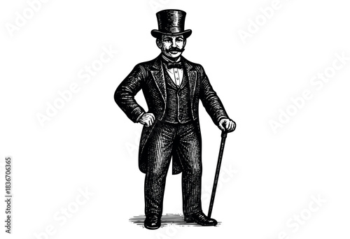 A Distinguished Victorian Gentleman in a Tailcoat and Top Hat Stands With a Cane in a Black and White Engraving — Stock Illustration.