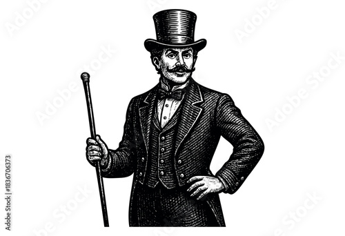 Elegant Vintage Illustration of a Gentleman Wearing a Top Hat and Holding a Cane — Stock Vector.